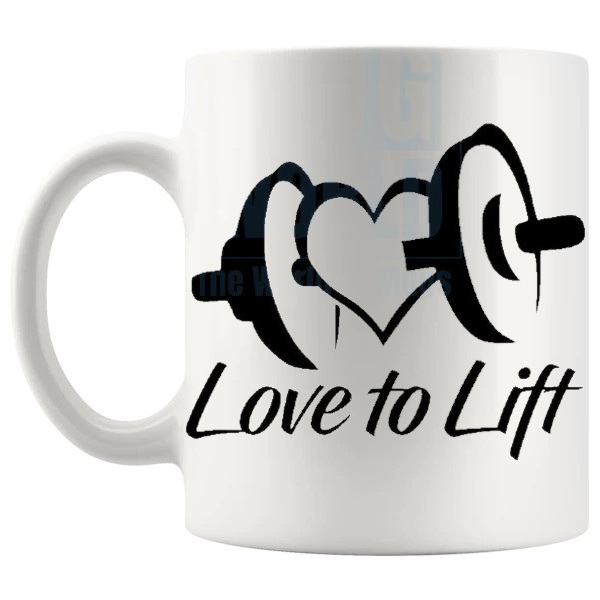 Love To Lift Mug shown with handle on the left