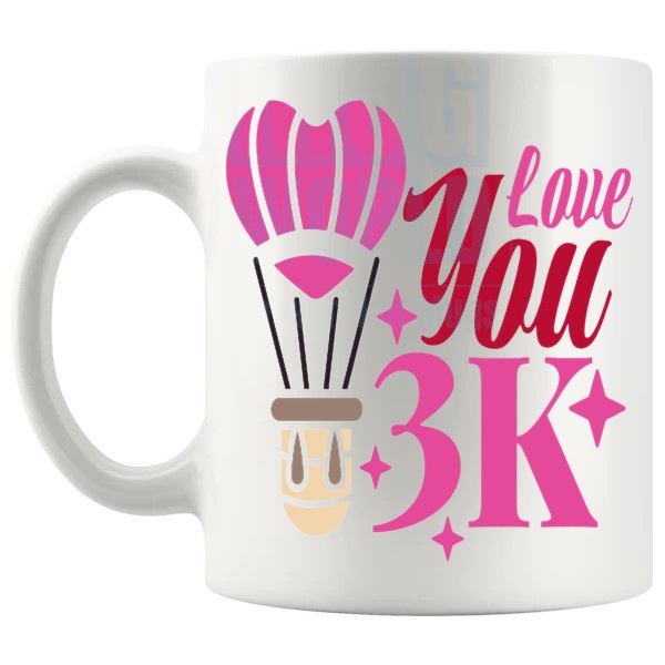 Love You 3K Mug love-themed mug for Valentine's Day and romantic gifts shown with handle on the left