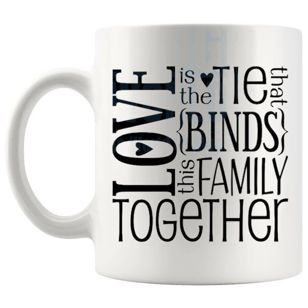 Love Is The Tie Mug love-themed mug for Valentine's Day and romantic gifts shown with handle on the left
