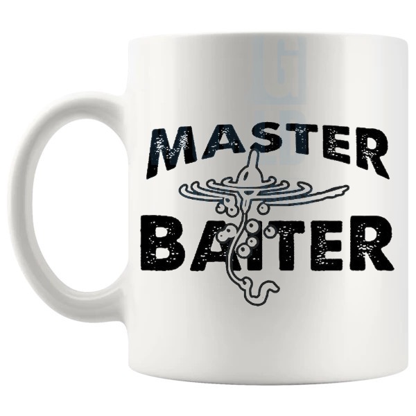 Master Baiter Mug funny rude fishing gift shown with handle on the left
