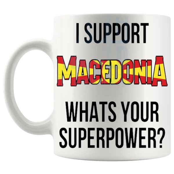 Macedonia Supporter Superpower Mug unofficial football fan gift shown with handle on the left