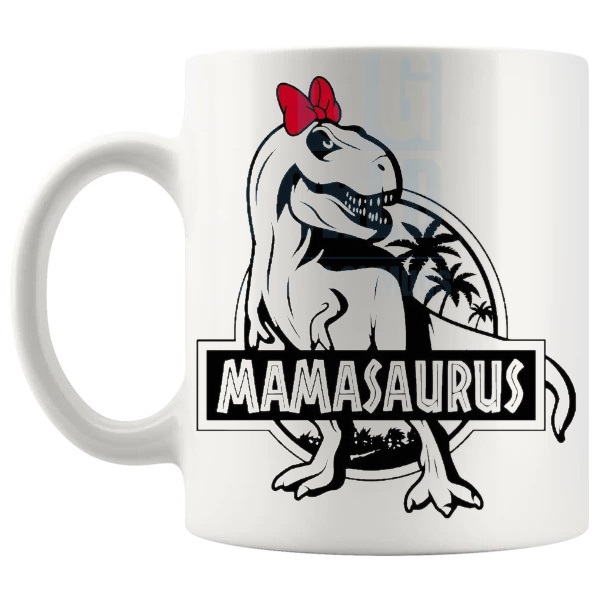 Mamasaurus Mug Design 1 funny dinosaur gift for Mum shown with handle on the left