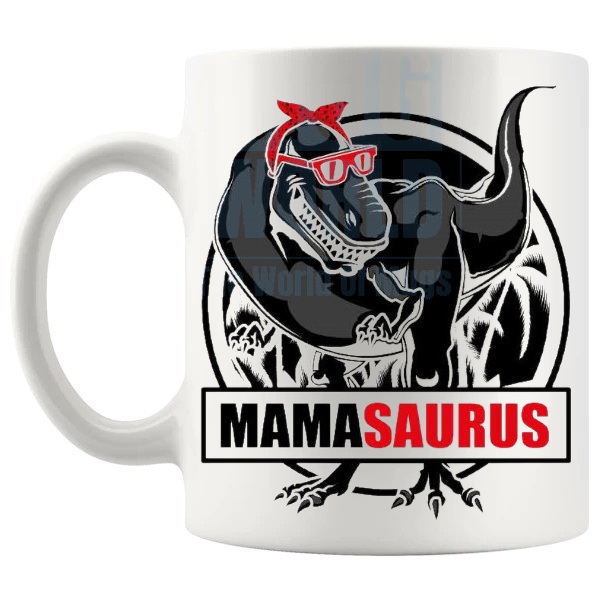 Mamasaurus Mug Design 2 funny dinosaur gift for Mum shown with handle on the left