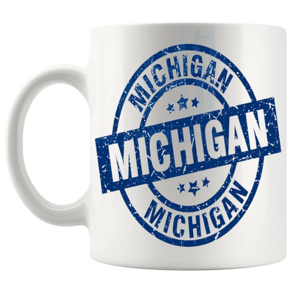 Michigan Mug In Blue travel gift for anyone with a connection to Michigan shown with handle on the left