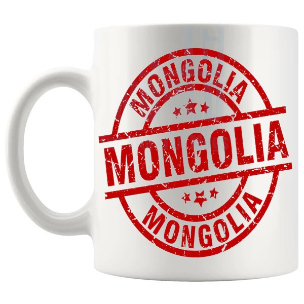 Mongolia Mug travel gift for anyone with a connection to Mongolia shown with handle on the left