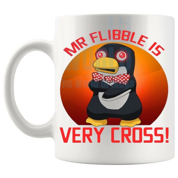 Mr Flibble Is Very Cross Mug shown with handle on the left