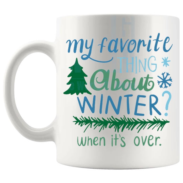 Favourite Thing About Winter Mug cosy winter gift design on a white mug shown with handle on the left