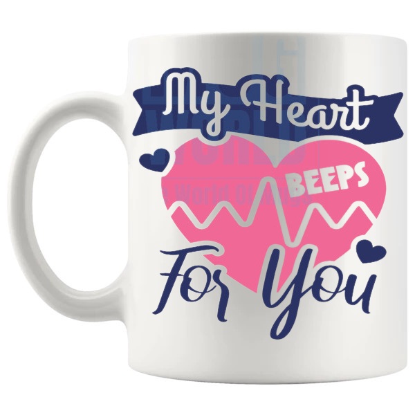 My Heart Beeps For You Mug love-themed mug for Valentine's Day and romantic gifts shown with handle on the left