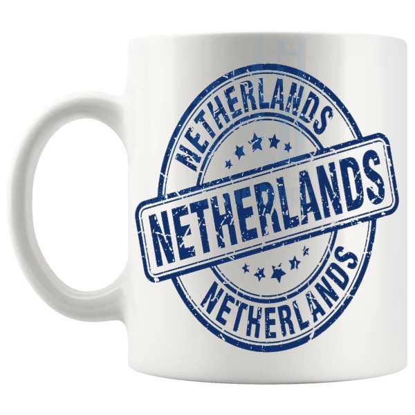 Netherlands Mug travel gift for anyone with a connection to Netherlands shown with handle on the left
