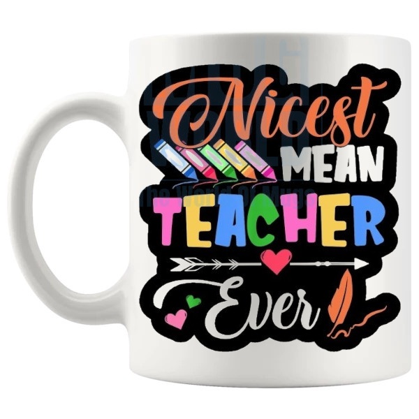 Nicest Mean Teacher Ever Mug funny strict teacher gift shown with handle on the left