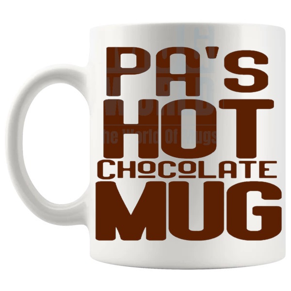 Pa's Hot Chocolate Mug cosy hot chocolate gift shown with handle on the left