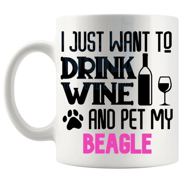 Drink Wine And Pet My Beagle Mug in Pink funny dog lover gift shown with handle on the left