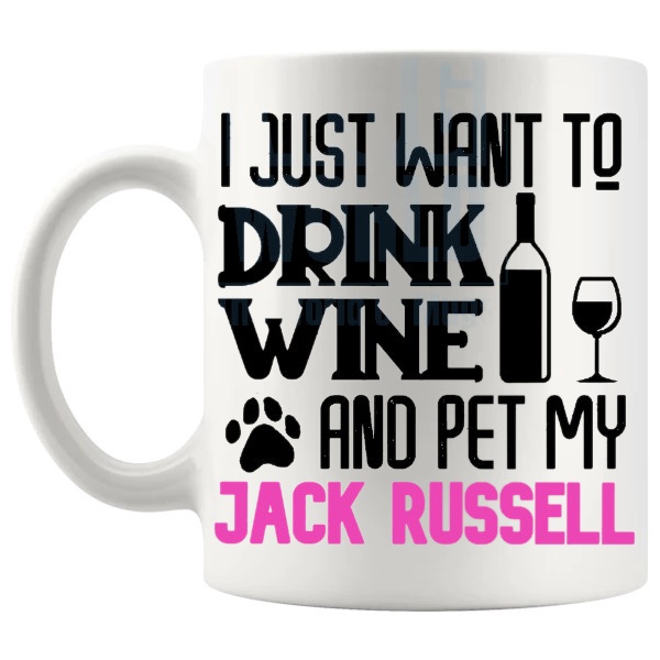Drink Wine And Pet My Jack Russell Mug in Pink funny dog lover gift shown with handle on the left