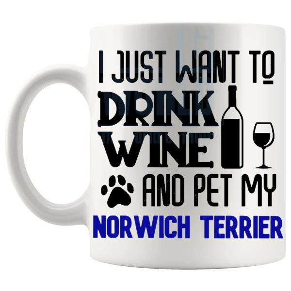 Drink Wine And Pet My Norwich Terrier Mug in Blue funny dog lover gift shown with handle on the left