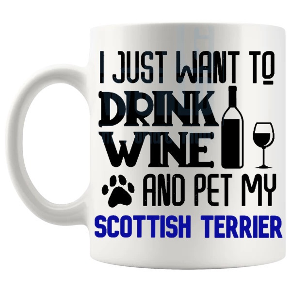 Drink Wine And Pet My Scottish Terrier Mug in Blue funny dog lover gift shown with handle on the left