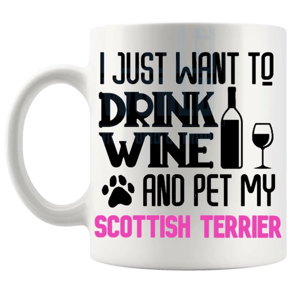 Drink Wine And Pet My Scottish Terrier Mug in Pink funny dog lover gift shown with handle on the left