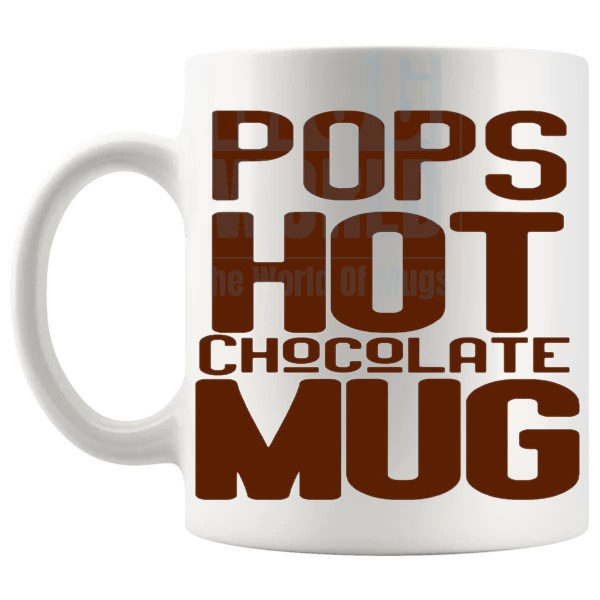 Pops Hot Chocolate Mug cosy hot chocolate gift shown with handle on the left