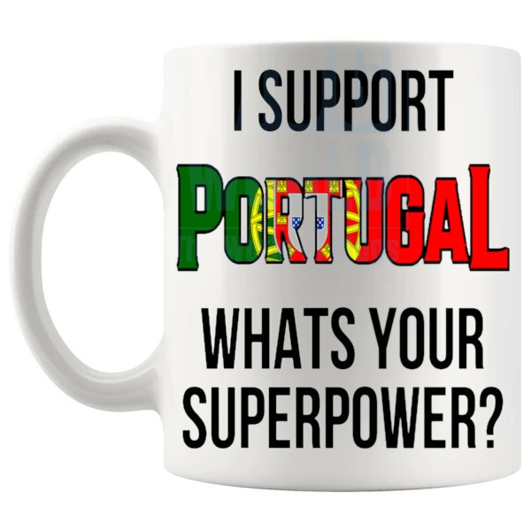 Portugal Supporter Superpower Mug unofficial football fan gift shown with handle on the left