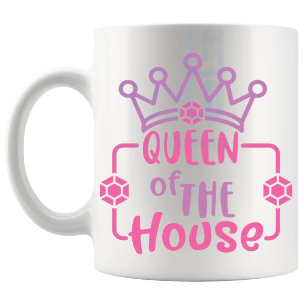 Queen Of The House Mug queen-of-the-house message gift for mum, mom or wife shown with handle on the left