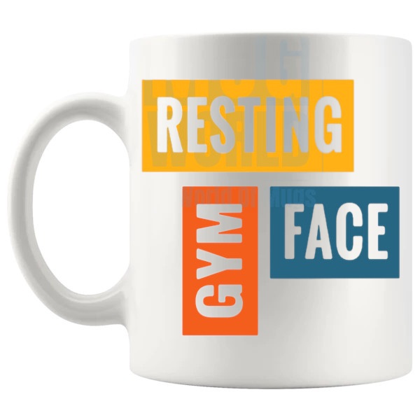 Resting Gym Face Mug shown with handle on the left