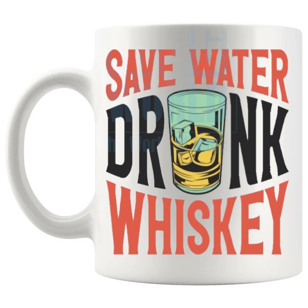 Save Water Drink Whisky mug funny whisky gift shown with handle on the left