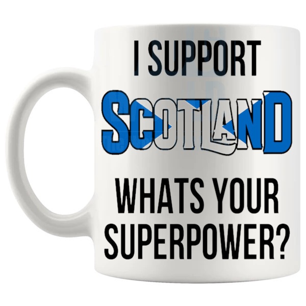 Scotland Supporter Superpower Mug unofficial football fan gift shown with handle on the left