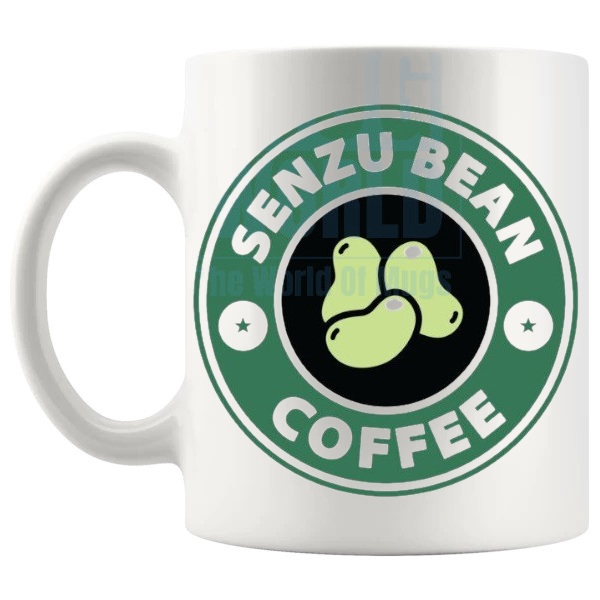 Senzu Bean Coffee Mug fan inspired coffee lover gift shown with handle on the left
