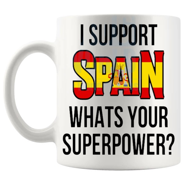 Spain Supporter Superpower Mug unofficial football fan gift shown with handle on the left