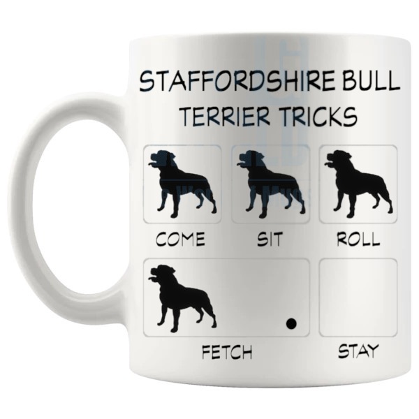 Staffordshire Bull Terrier Tricks Mug funny dog breed gift for Staffordshire Bull Terrier owners shown with handle on the left