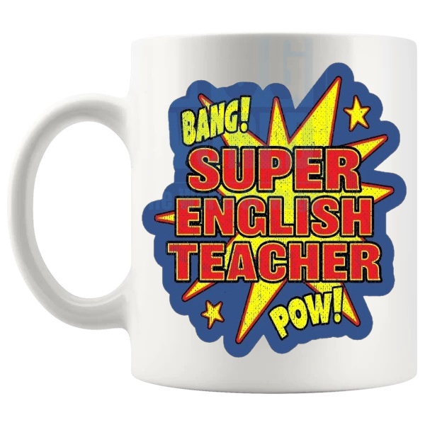 Super English Teacher Mug subject teacher thank you gift shown with handle on the left