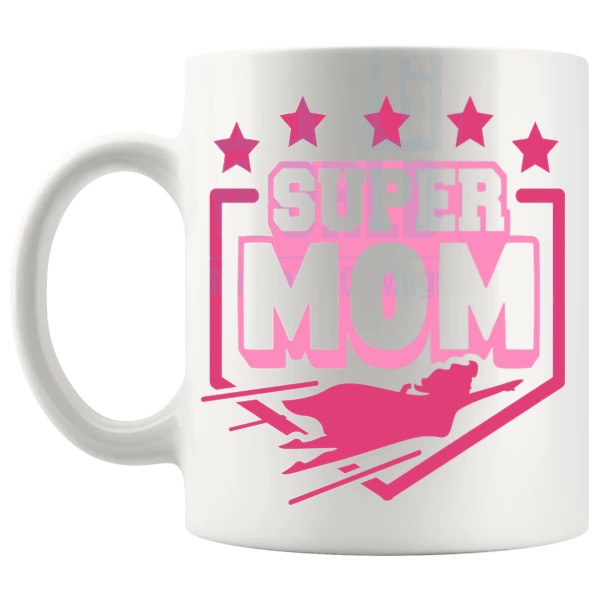 Super Mom Mug Design 2 super-mom theme in an alternative design gift for mom shown with handle on the left
