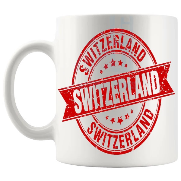Switzerland Mug In Red travel gift for anyone with a connection to Switzerland shown with handle on the left
