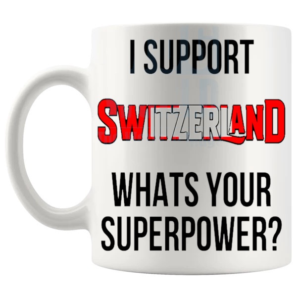 Switzerland Supporter Superpower Mug unofficial football fan gift shown with handle on the left