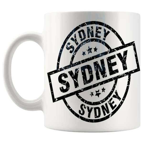 Sydney Mug Design 2 travel gift for anyone with a connection to Sydney shown with handle on the left