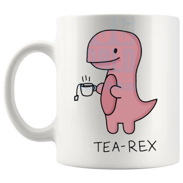 Tea Rex Mug funny dinosaur tea lover gift shown with handle on the left