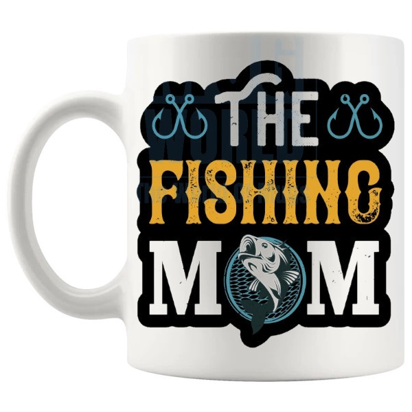 The Fishing Mum Mug fishing gift for female anglers shown with handle on the left