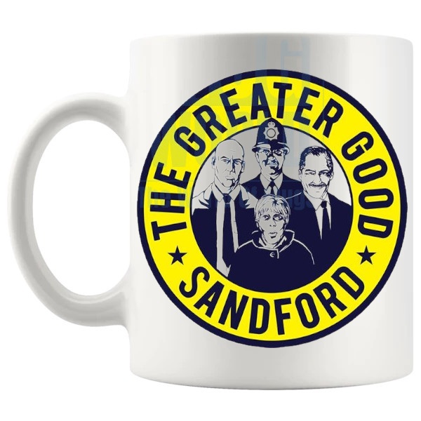 The Greater Good Sandford Mug funny British comedy inspired gift shown with handle on the left