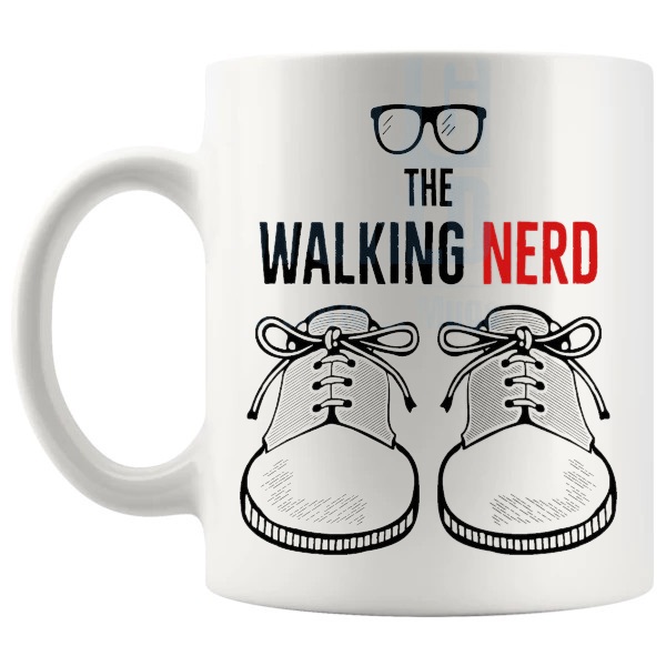 The Walking Nerd Mug funny zombie geek gift shown with handle on the left
