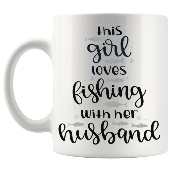 This Girl Loves Fishing Mug fishing gift for female anglers shown with handle on the left