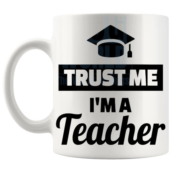 Trust Me I'm A Teacher Mug funny teacher appreciation gift shown with handle on the left