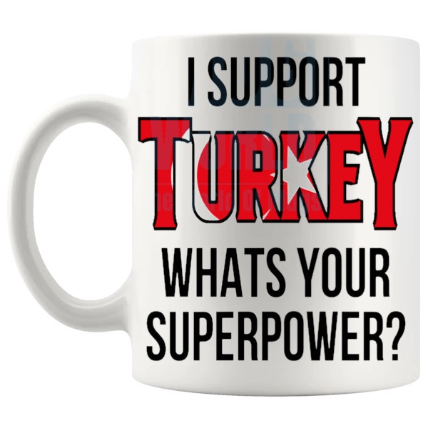 Turkey Supporter Superpower Mug unofficial football fan gift shown with handle on the left