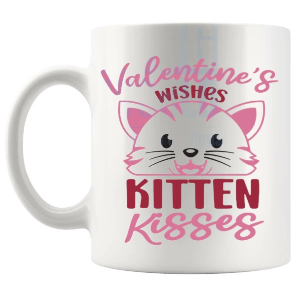 Valentine Wishes Kitten Kisses Mug cute romantic cat gift shown with handle on the left