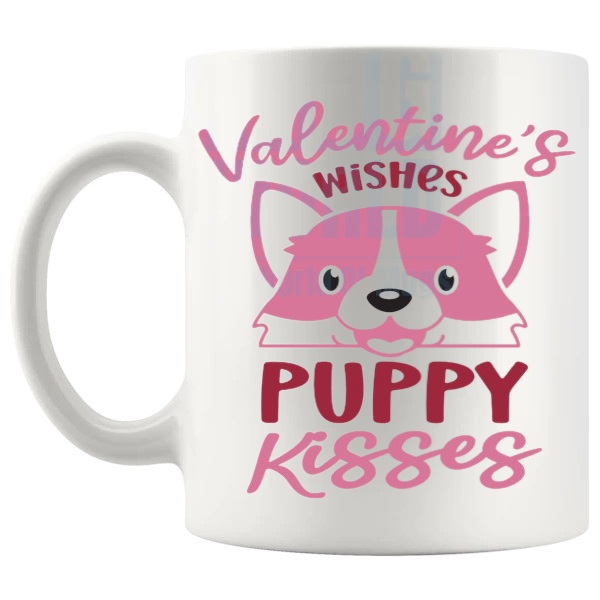 Valentine Wishes Puppy Kisses Mug romantic dog lover gift shown with handle on the left