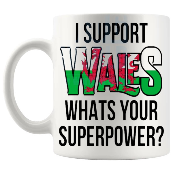 Wales Supporter Superpower Mug unofficial football fan gift shown with handle on the left