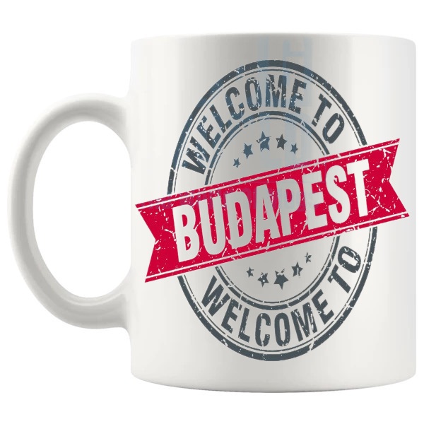 Welcome To Budapest Mug shown with handle on the left