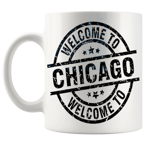 Welcome To Chicago Mug shown with handle on the left