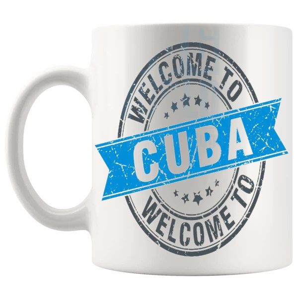 Welcome To Cuba Mug In Blue travel gift for anyone who loves Cuba shown with handle on the left