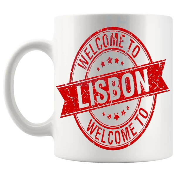 Welcome To Lisbon Mug travel gift for anyone who loves Lisbon shown with handle on the left