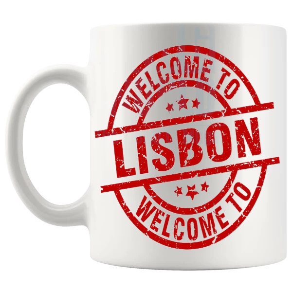 Welcome To Lisbon Mug Design 2 travel gift for anyone who loves Lisbon shown with handle on the left