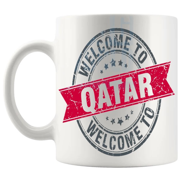 Welcome To Qatar Mug travel gift for anyone who loves Qatar shown with handle on the left